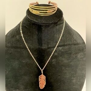Gold Tone Feather Necklace and Cuff Bracelet Set